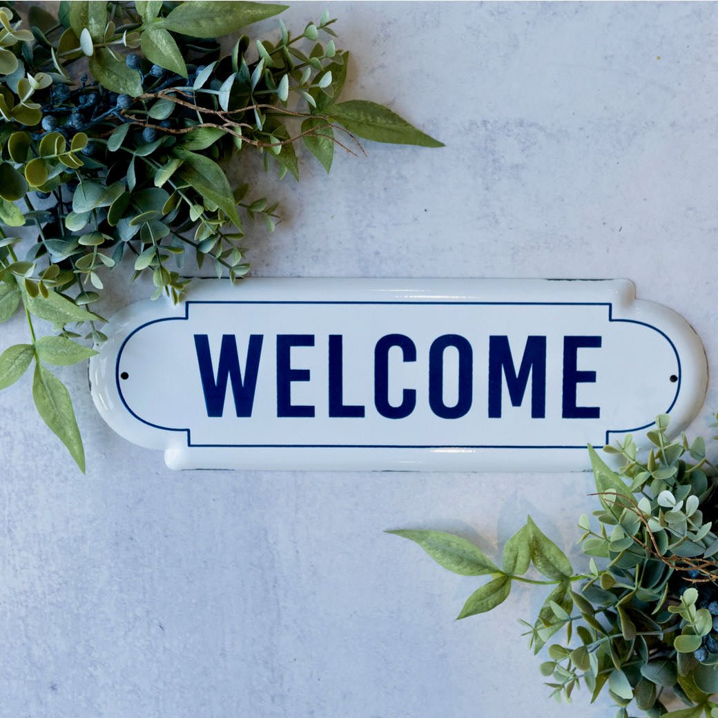 Enameled Welcome Plaque White w/ Navy Blue Lettering - Marmalade Mercantile
