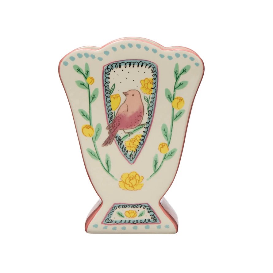 Fan-Shaped Stoneware Flower Vase with Bird - Marmalade Mercantile