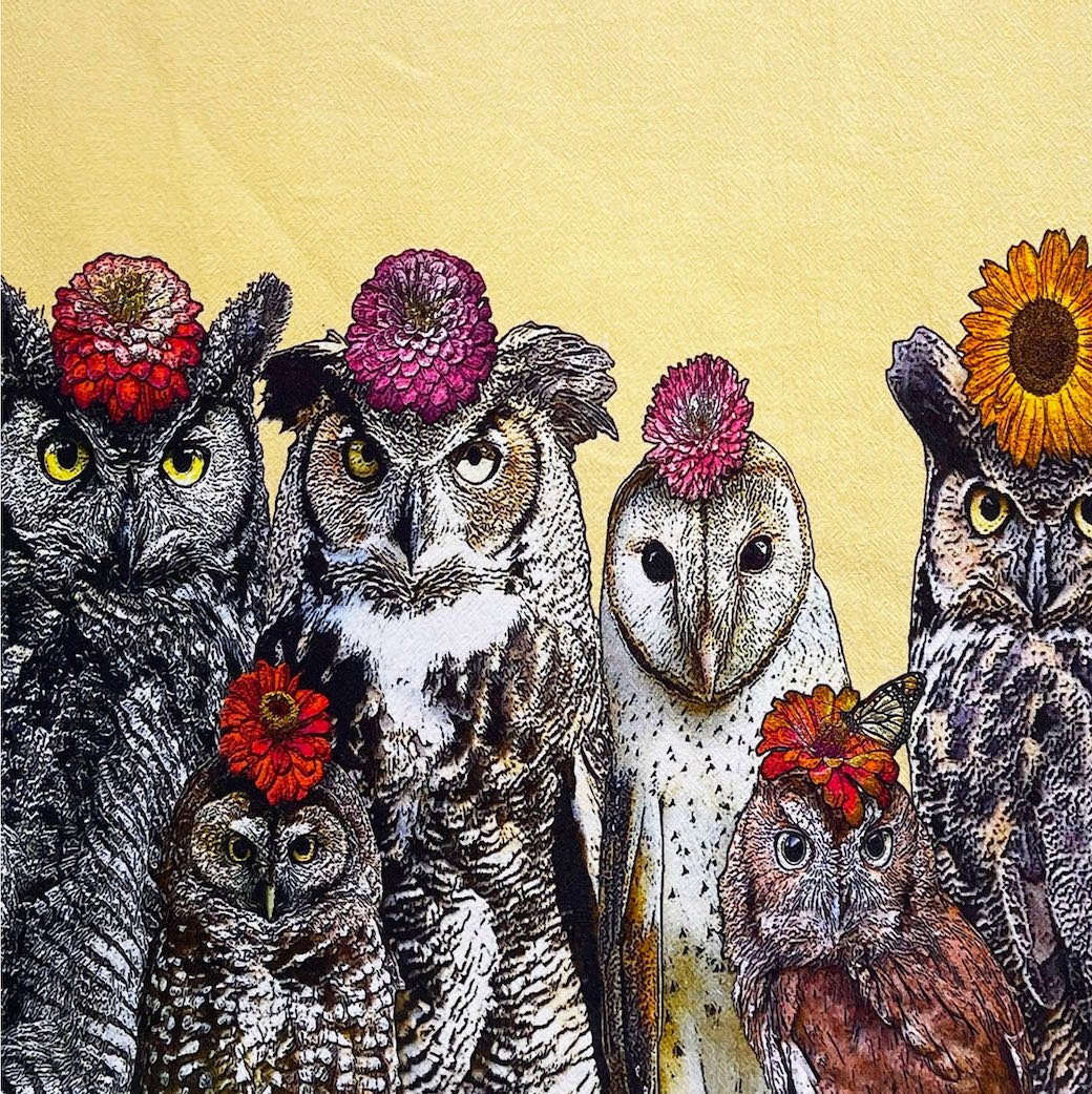 Fanciful Owls with Flower Halts Flour Sack Kitchen Towel - Marmalade Mercantile