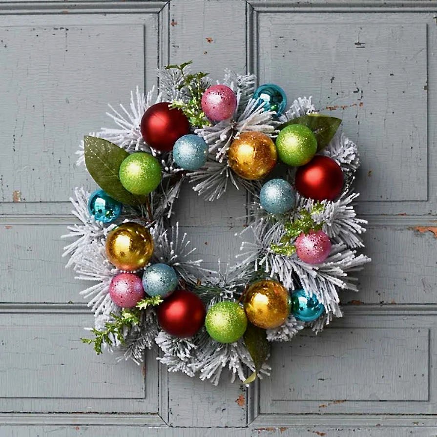 Festive Flashy Frosted Christmas Wreath with Ornaments - Marmalade Mercantile