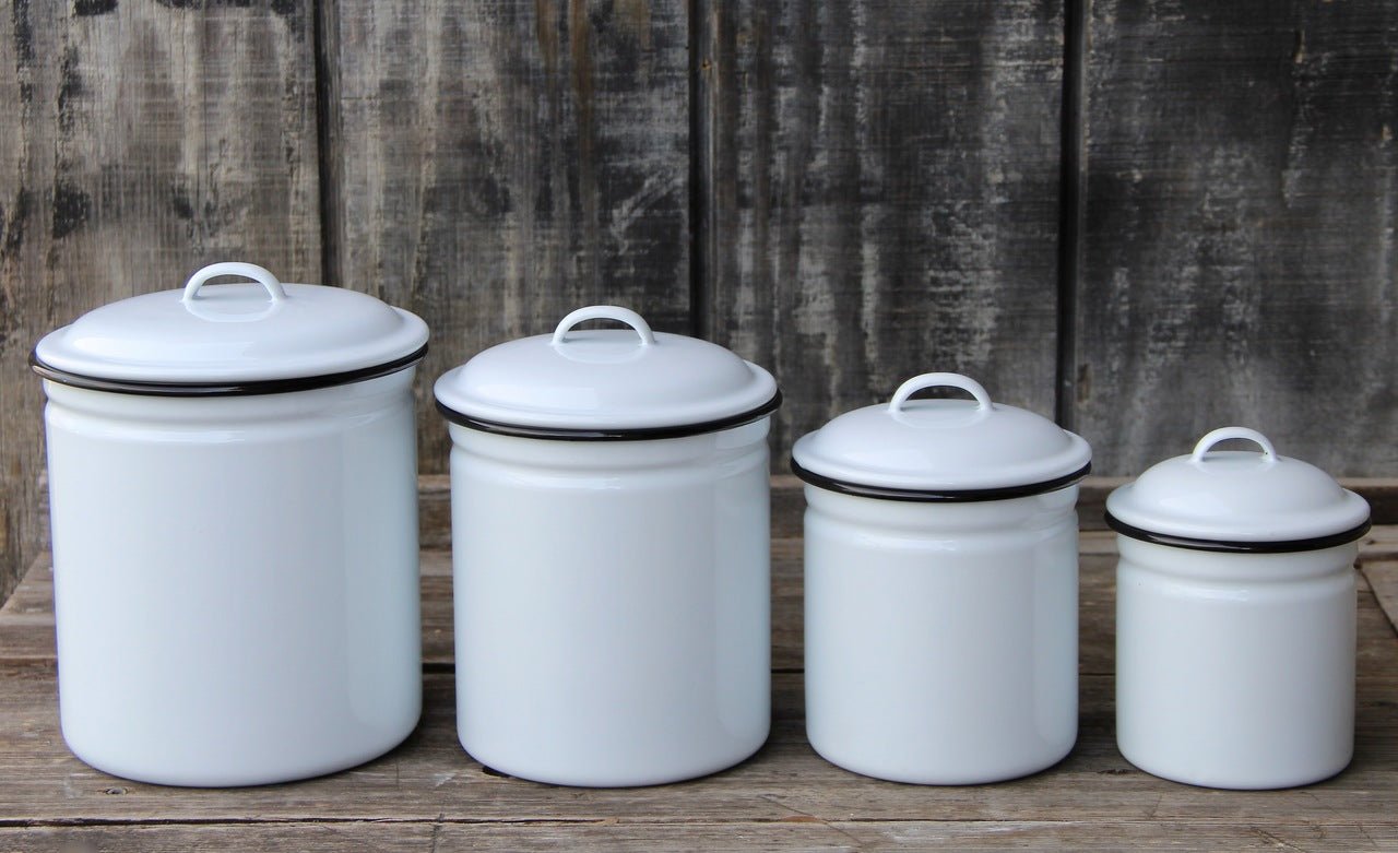 Four Piece Enamelware Kitchen Canister Set with Black Rim - Marmalade Mercantile