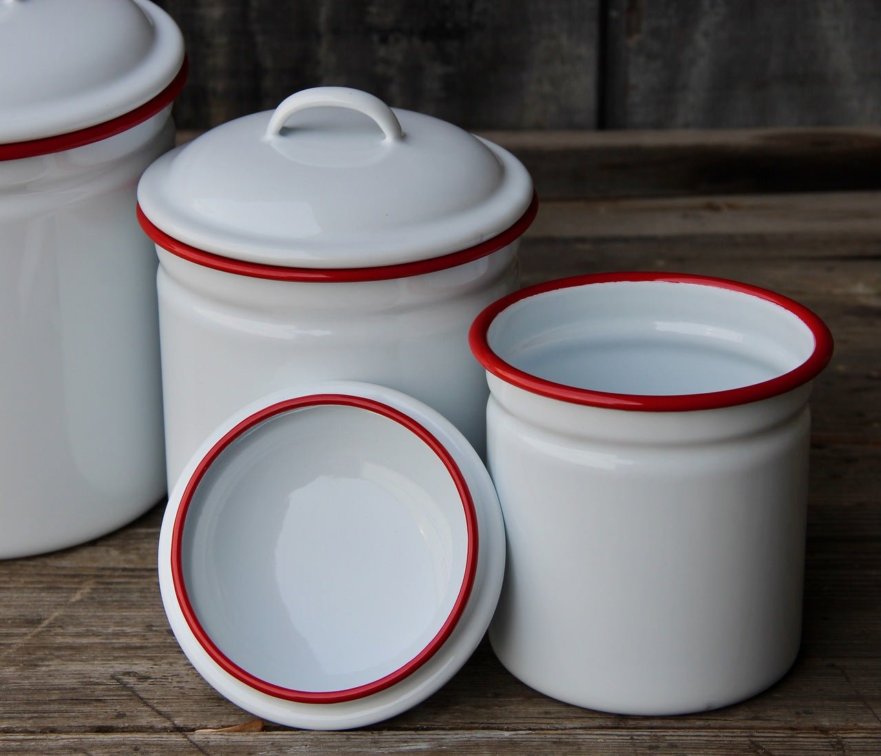 Four Piece Enamelware Kitchen Canister Set with Red Rim - Marmalade Mercantile