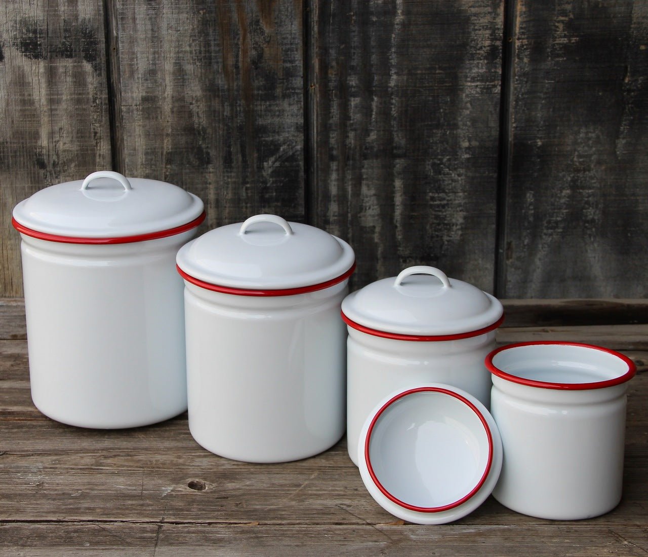 Four Piece Enamelware Kitchen Canister Set with Red Rim - Marmalade Mercantile