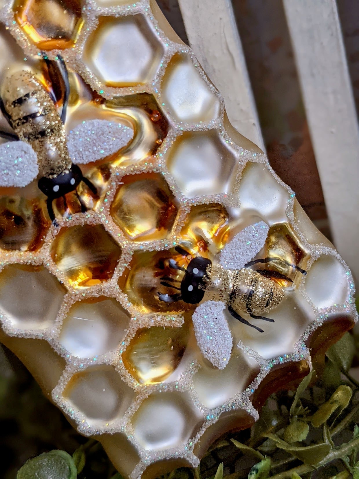 Glittered Glass Honeycomb & Honeybee Ornament - Marmalade Mercantile