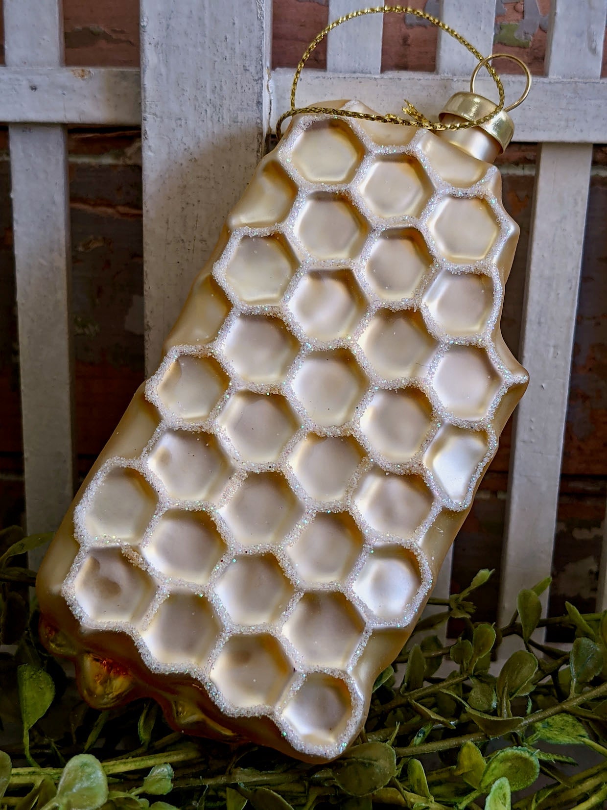 Glittered Glass Honeycomb & Honeybee Ornament - Marmalade Mercantile