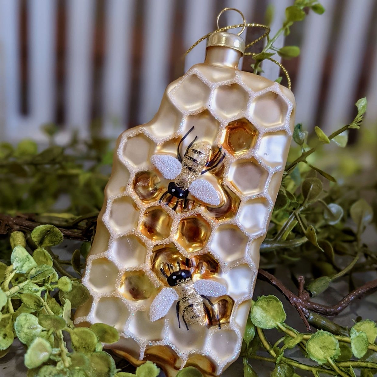 Glittered Glass Honeycomb & Honeybee Ornament - Marmalade Mercantile