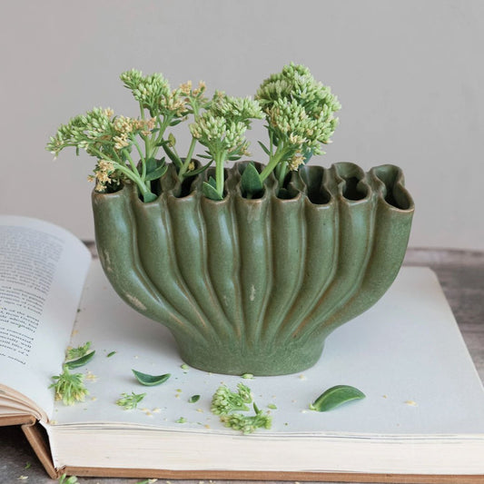 Green Fan-Shaped Stoneware Sculptural Vase - Marmalade Mercantile