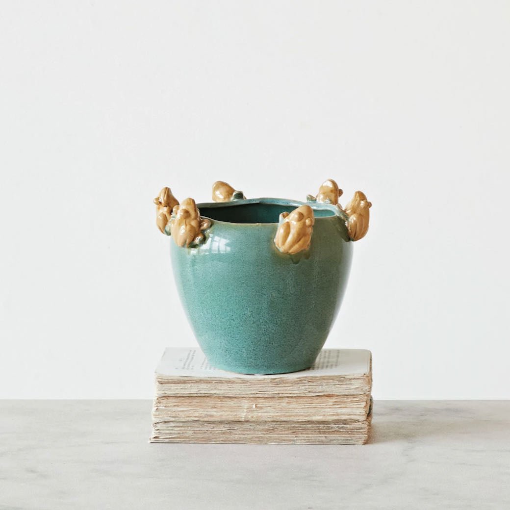 Green Stoneware Planter with Frogs on Rim - Marmalade Mercantile