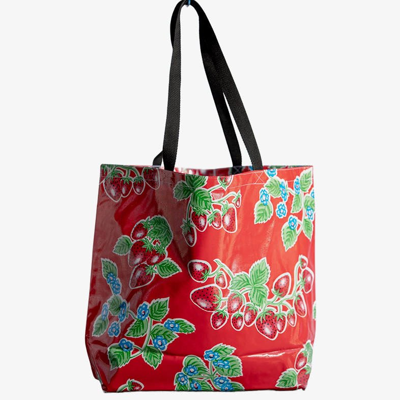Hand-Sewn Large Oilcloth Market Tote Bag Red Strawberries - Marmalade Mercantile