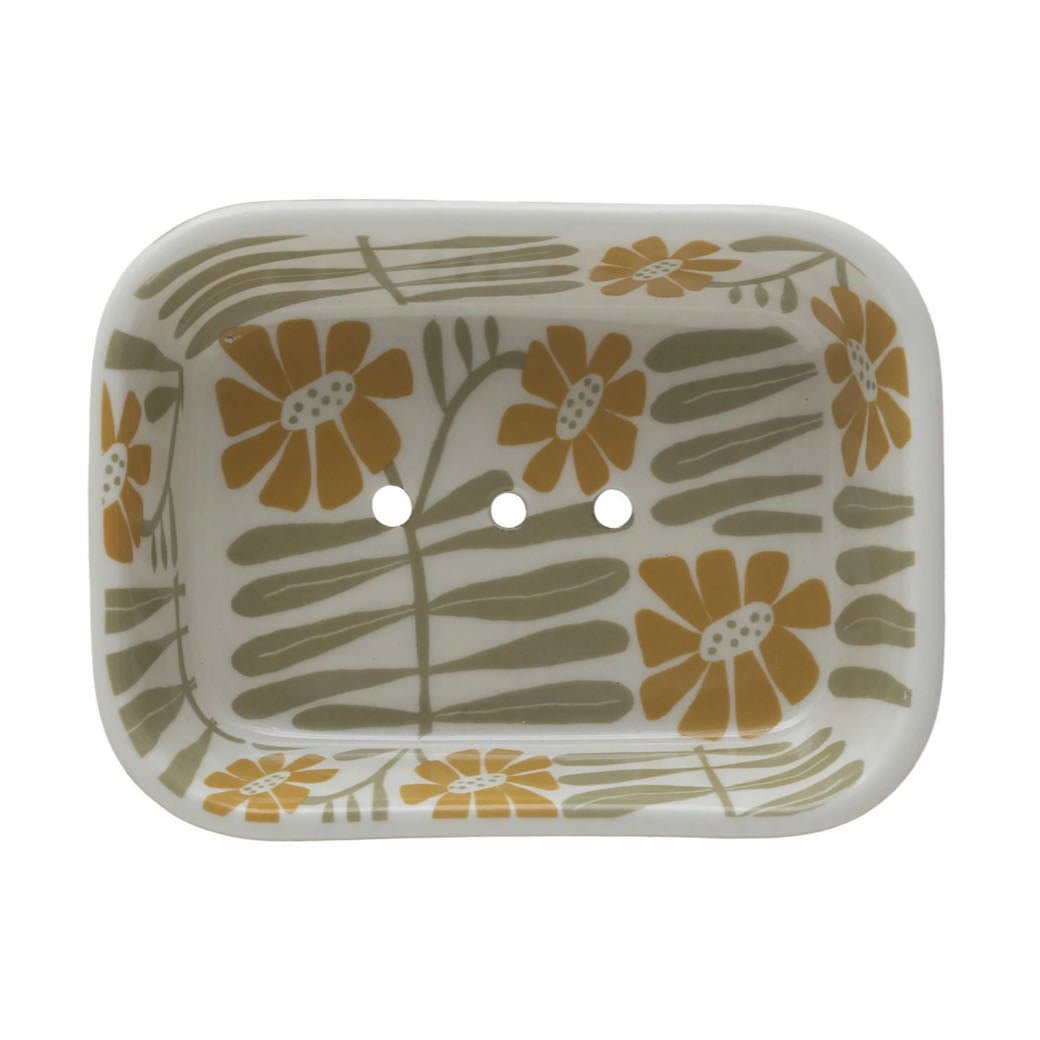 Hand-Stamped Stoneware Soap or Sponge Dish Floral Pattern - Marmalade Mercantile