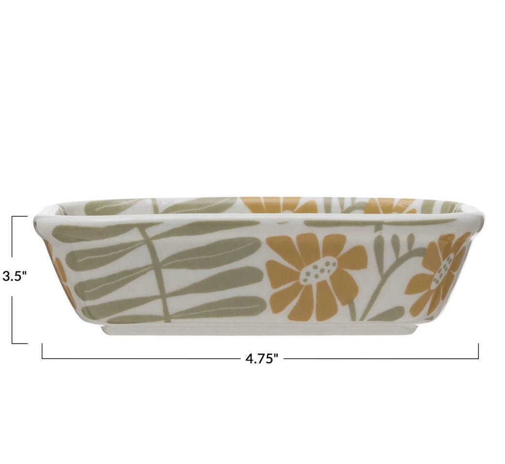 Hand-Stamped Stoneware Soap or Sponge Dish Floral Pattern - Marmalade Mercantile