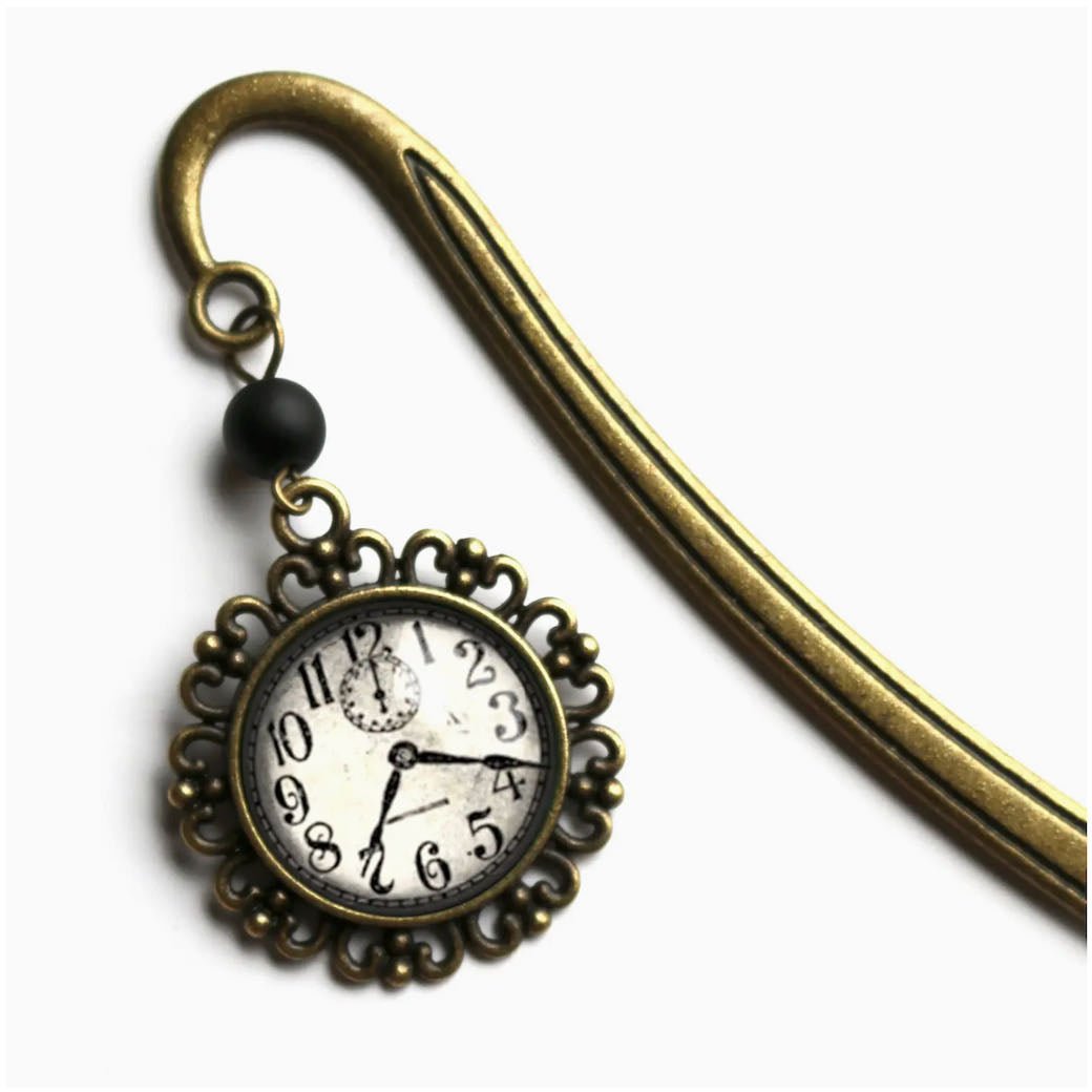 Handmade Brass Book Hook Bookmark with Dangling Edwardian Steampunk Clock Cabochon - Marmalade Mercantile