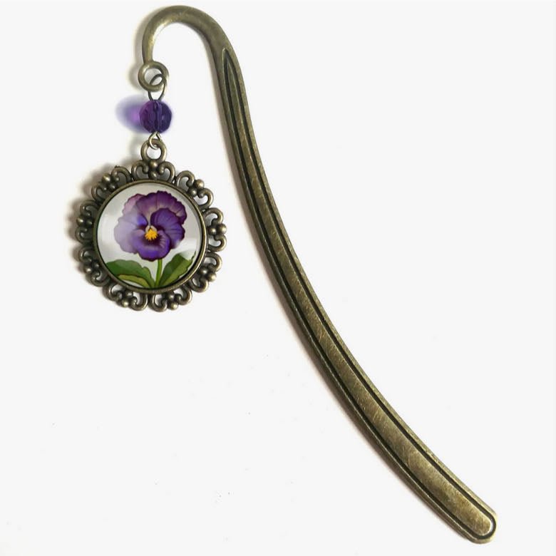 Handmade Brass Book Hook Bookmark with Dangling Pansy Cabochon - Marmalade Mercantile