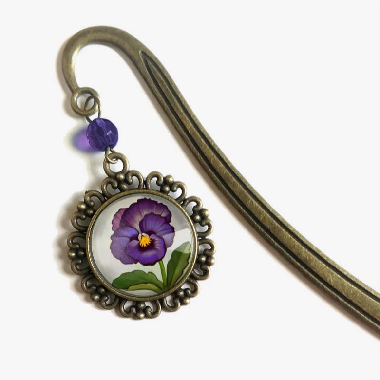 Handmade Brass Book Hook Bookmark with Dangling Pansy Cabochon - Marmalade Mercantile