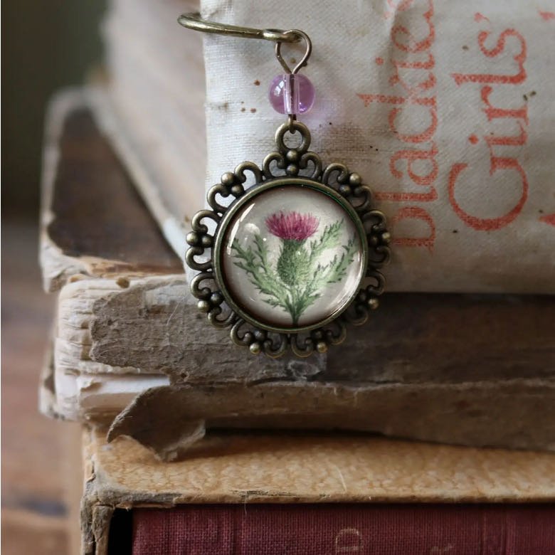 Handmade Brass Book Hook Bookmark with Dangling Scottish Thistle Cabochon - Marmalade Mercantile
