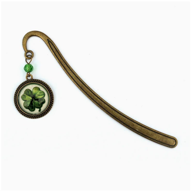 Handmade Brass Book Hook Bookmark with Dangling Shamrock Cabochon - Marmalade Mercantile