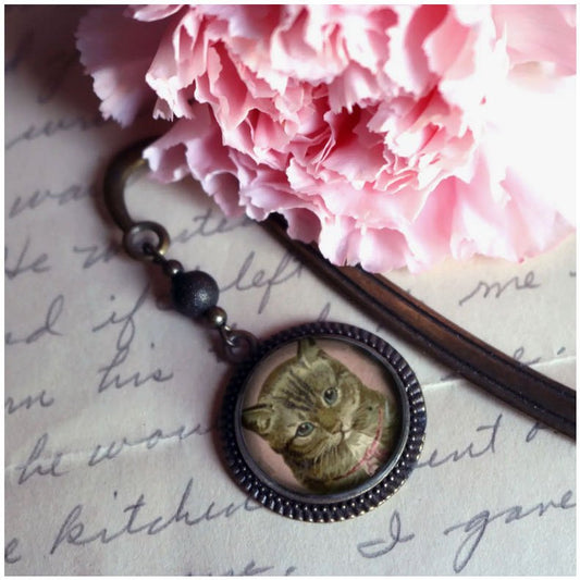 Handmade Brass Book Hook Bookmark with Dangling Tabby Cat Cabochon - Marmalade Mercantile