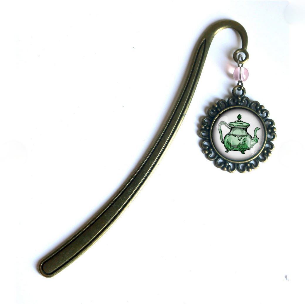 Handmade Brass Book Hook Bookmark with Dangling Teapot Cabochon - Marmalade Mercantile