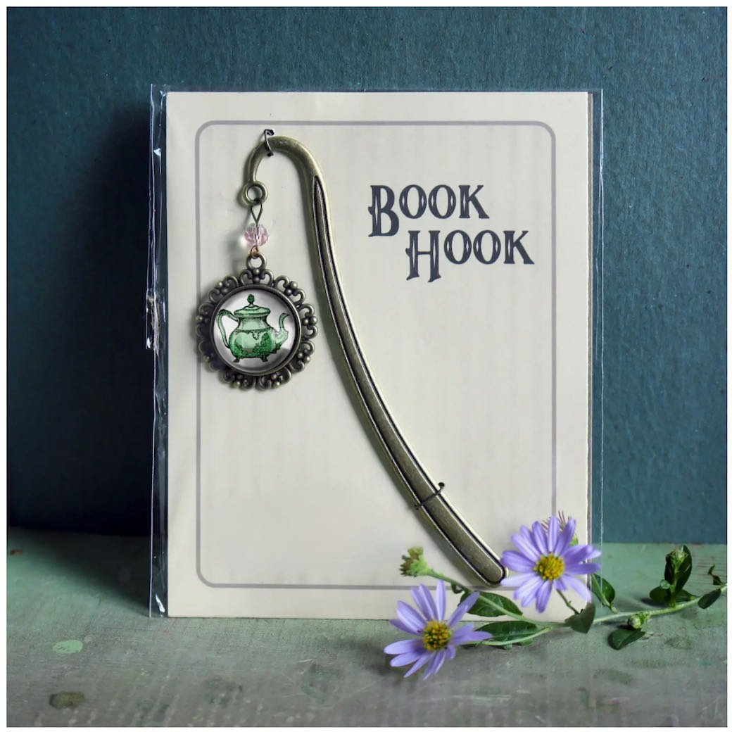 Handmade Brass Book Hook Bookmark with Dangling Teapot Cabochon - Marmalade Mercantile