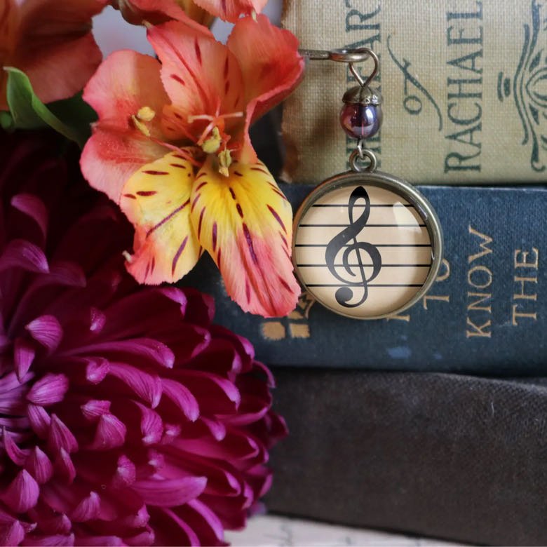 Handmade Brass Book Hook Bookmark with Dangling Treble Clef Cabochon - Marmalade Mercantile