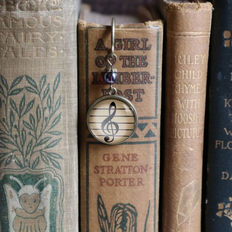 Handmade Brass Book Hook Bookmark with Dangling Treble Clef Cabochon - Marmalade Mercantile