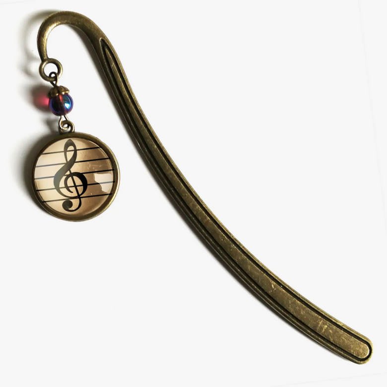 Handmade Brass Book Hook Bookmark with Dangling Treble Clef Cabochon - Marmalade Mercantile