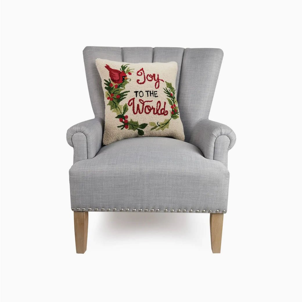 Joy to the World Hooked Rug Christmas Pillow with Cardinal - Marmalade Mercantile