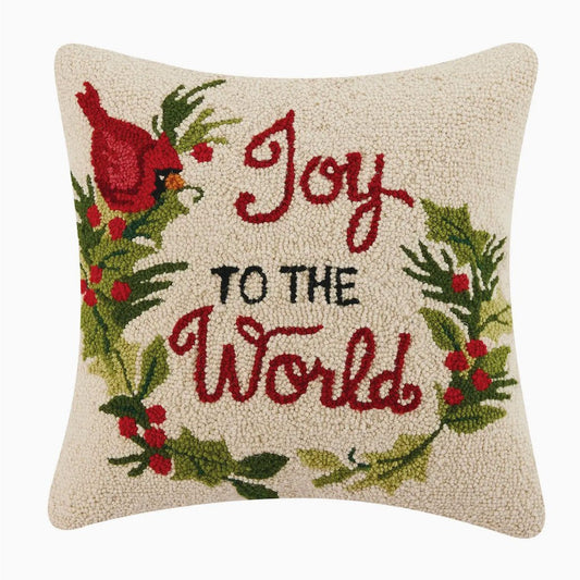 Joy to the World Hooked Rug Christmas Pillow with Cardinal - Marmalade Mercantile