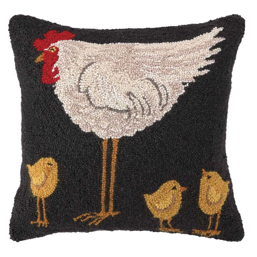 Large Hooked Rug Pillow Hen w Three Chicks - Marmalade Mercantile