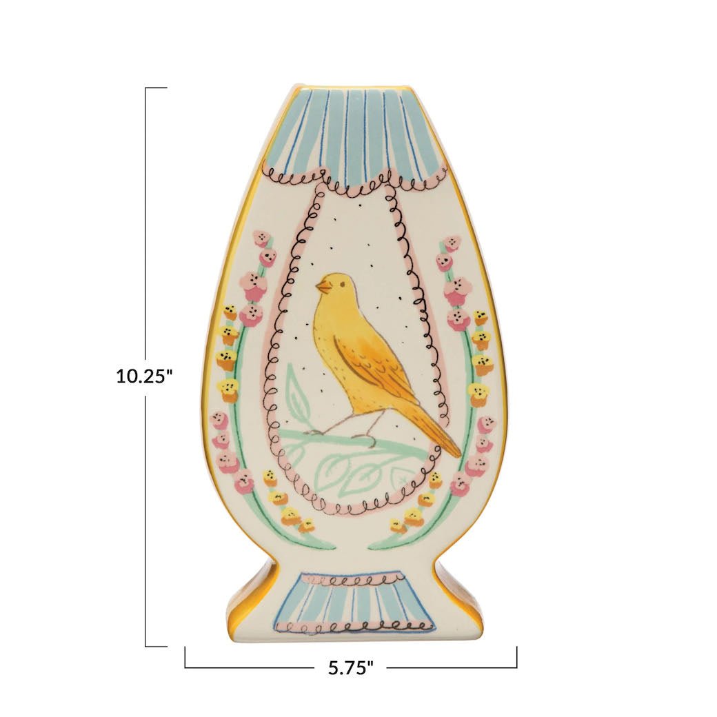 Multi Colored Yellow Ceramic Vase with Birds - Marmalade Mercantile