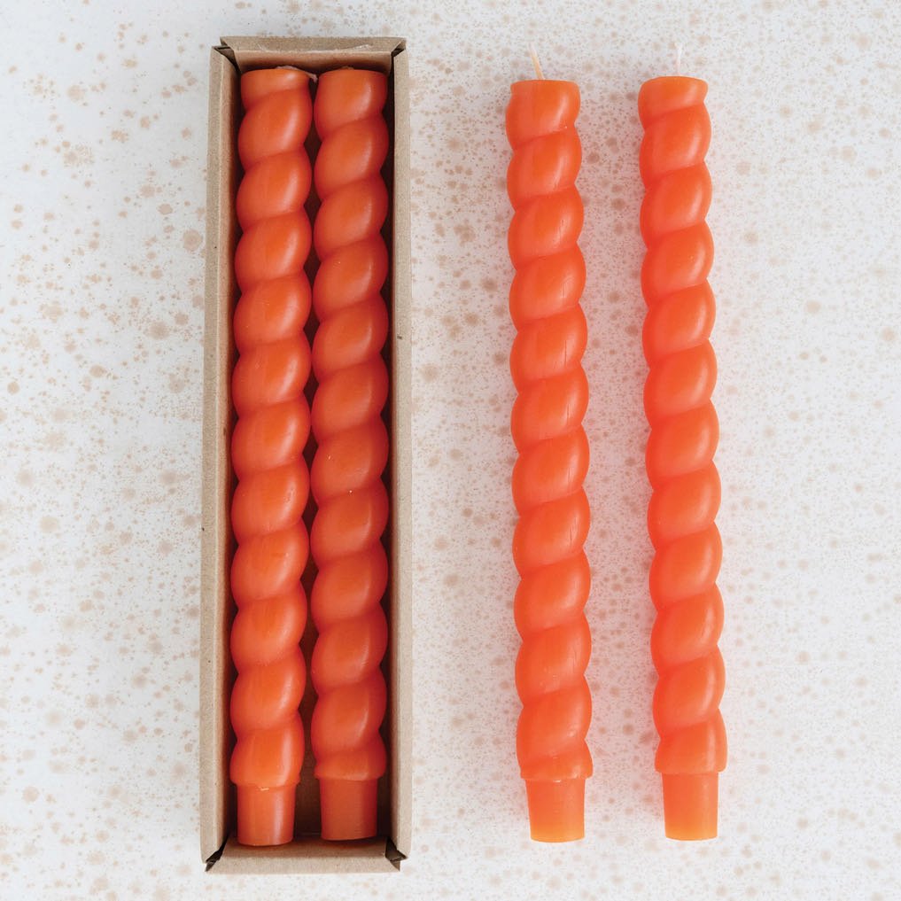 Pair of 10" Twisted Unscented Taper Candles ORANGE Marmalade Mercantile