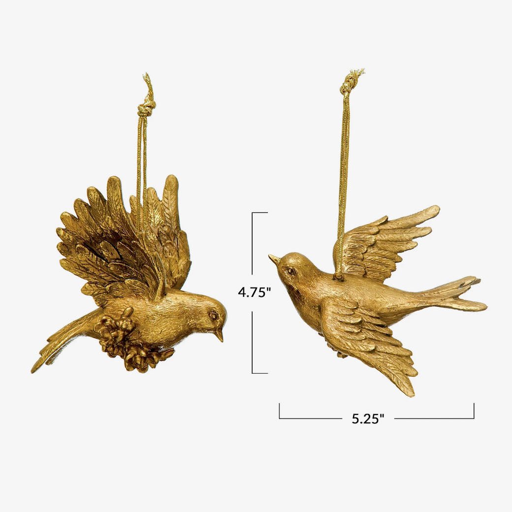 Pair of Gold Cast Resin Dove Christmas Ornaments - Marmalade Mercantile