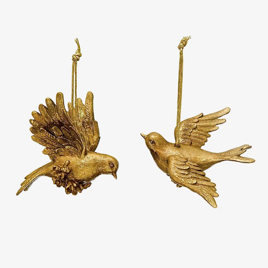 Pair of Gold Cast Resin Dove Christmas Ornaments - Marmalade Mercantile