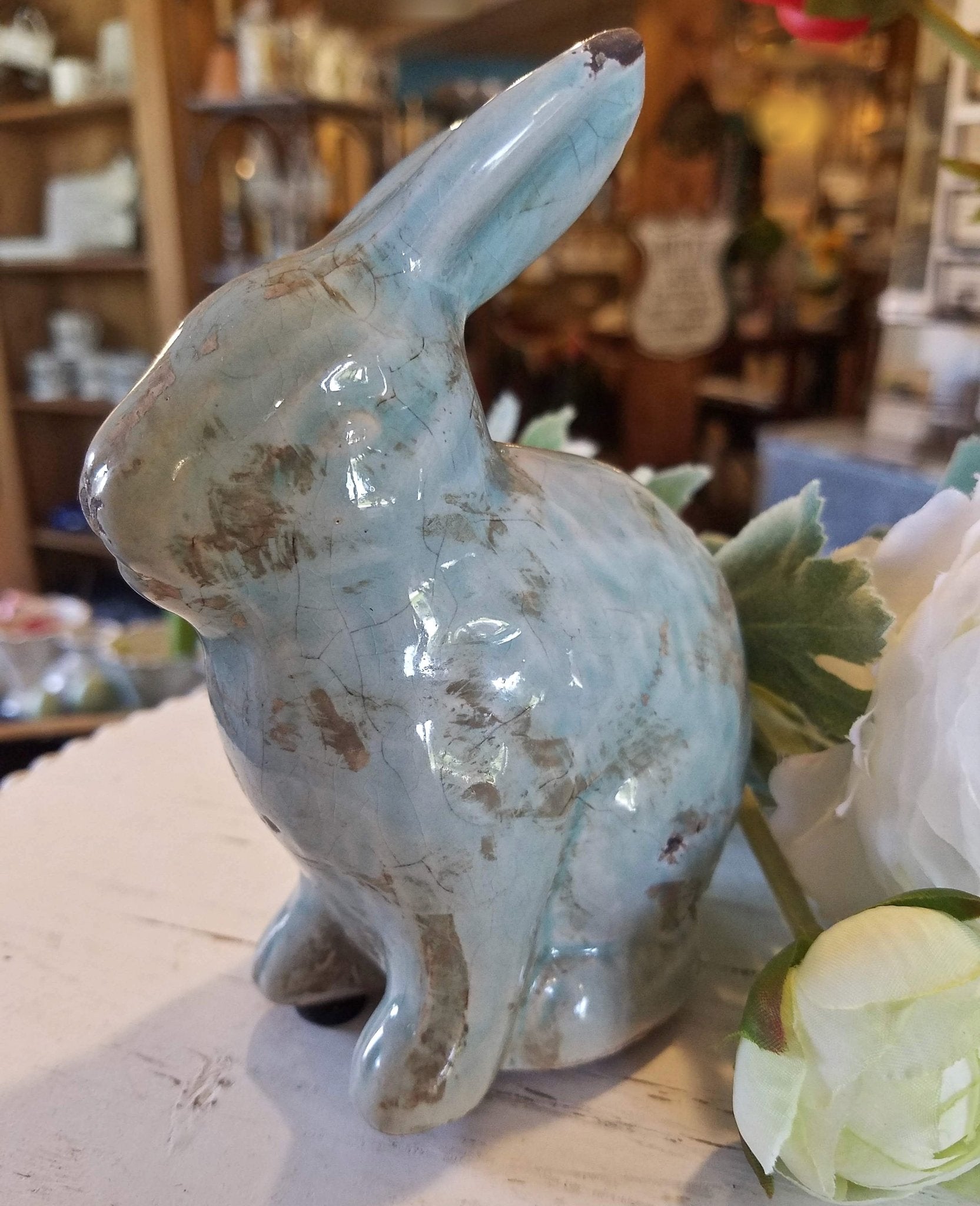 Petite Shabby Terra Cotta Rabbit Figure w Distressed Aqua Glaze - Marmalade Mercantile