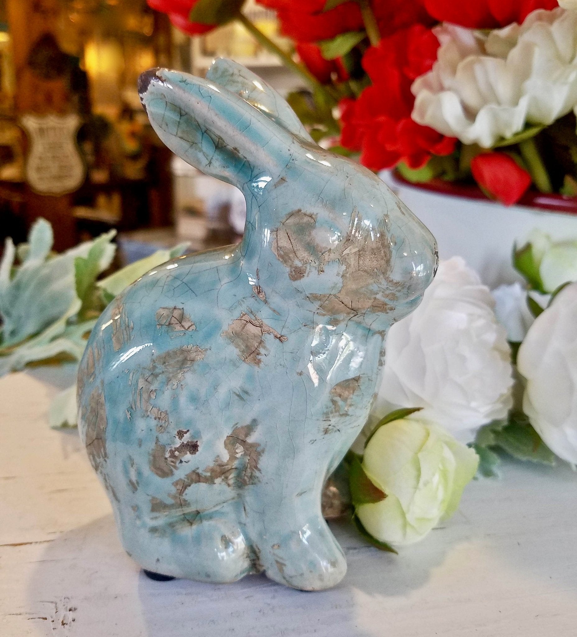 Petite Shabby Terra Cotta Rabbit Figure w Distressed Aqua Glaze - Marmalade Mercantile