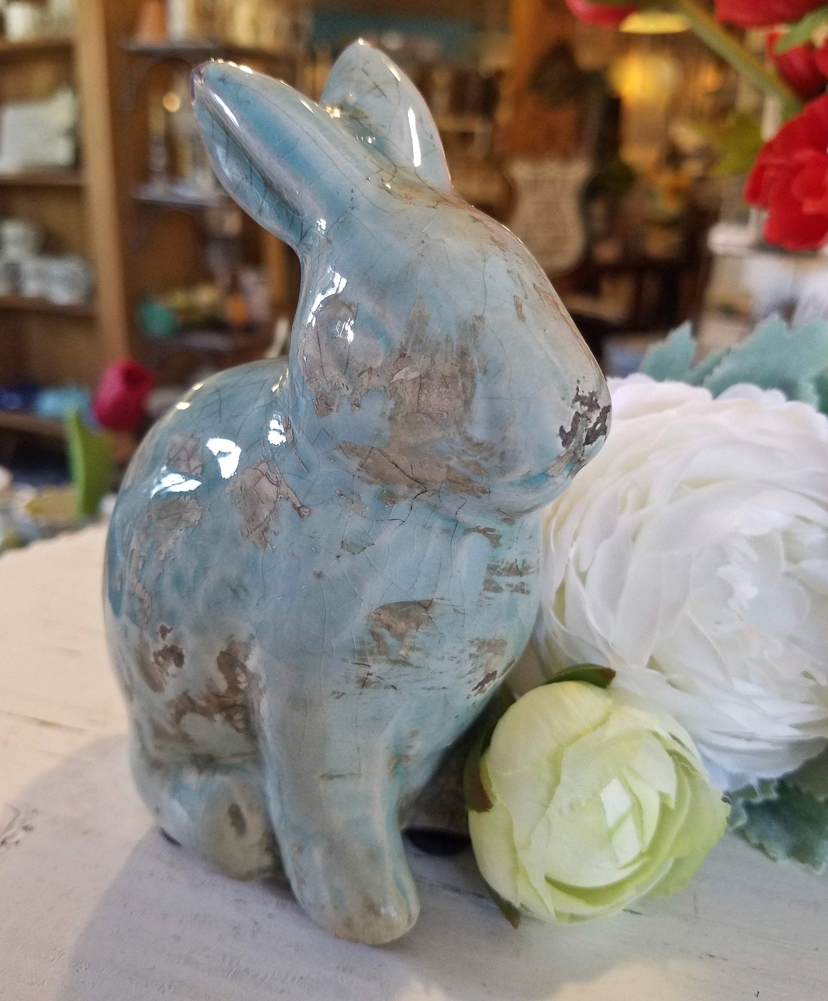 Petite Shabby Terra Cotta Rabbit Figure w Distressed Aqua Glaze - Marmalade Mercantile