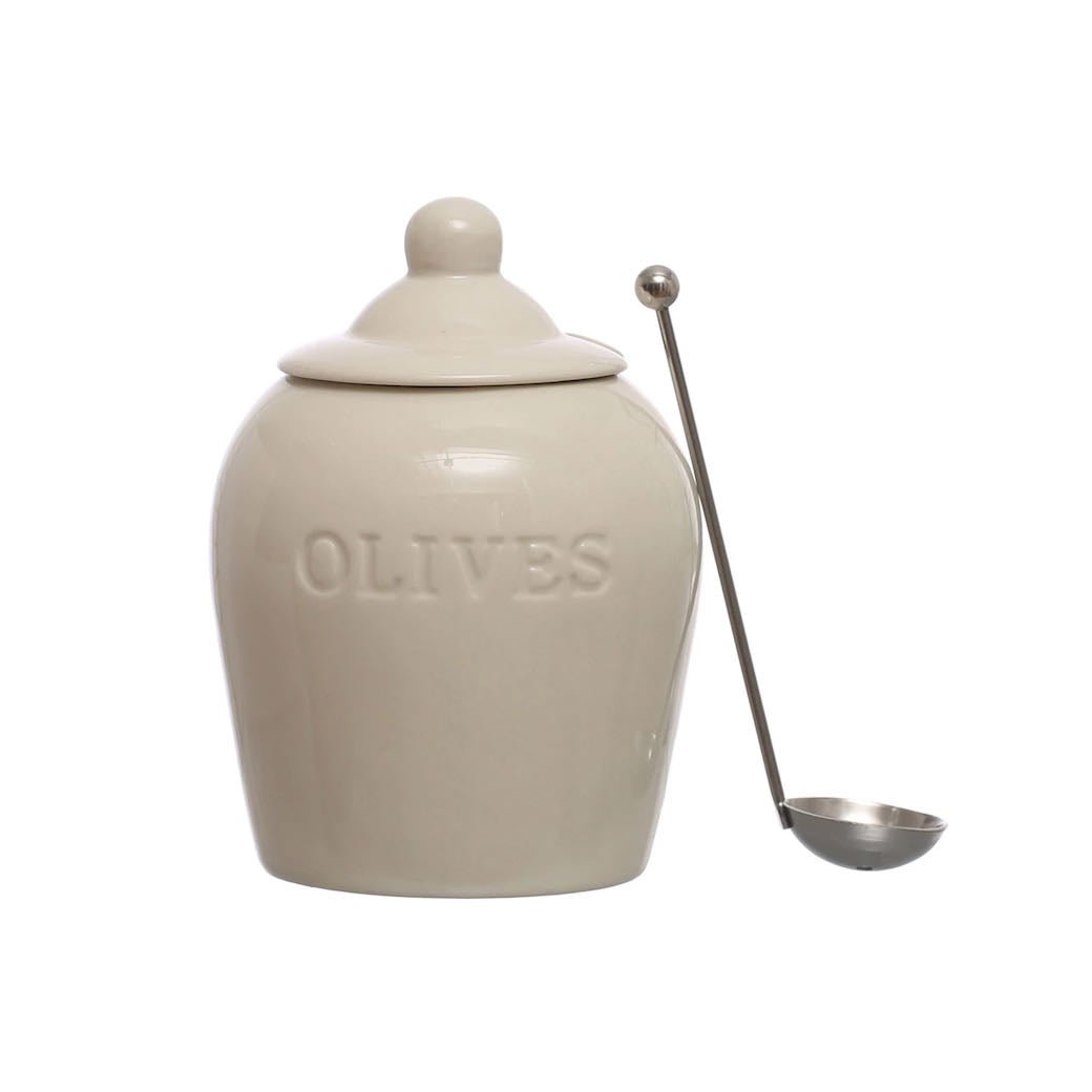 Petite Stoneware Olive Jar w Slotted Spoon - Marmalade Mercantile