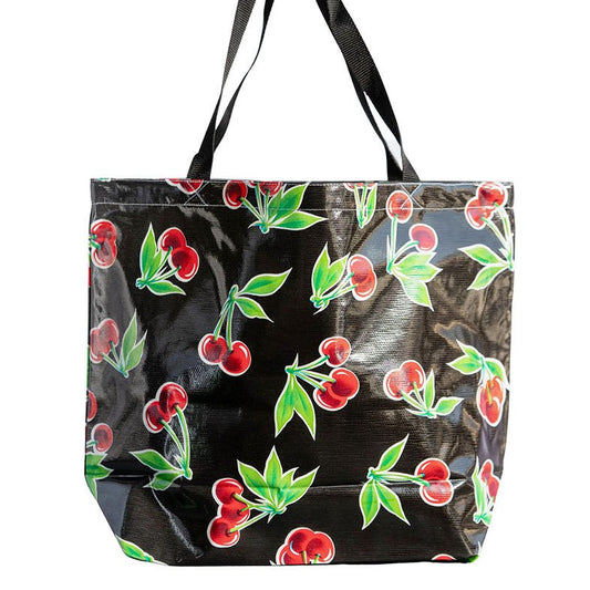 Red Cherries on Black Oilcloth Market Tote - Marmalade Mercantile