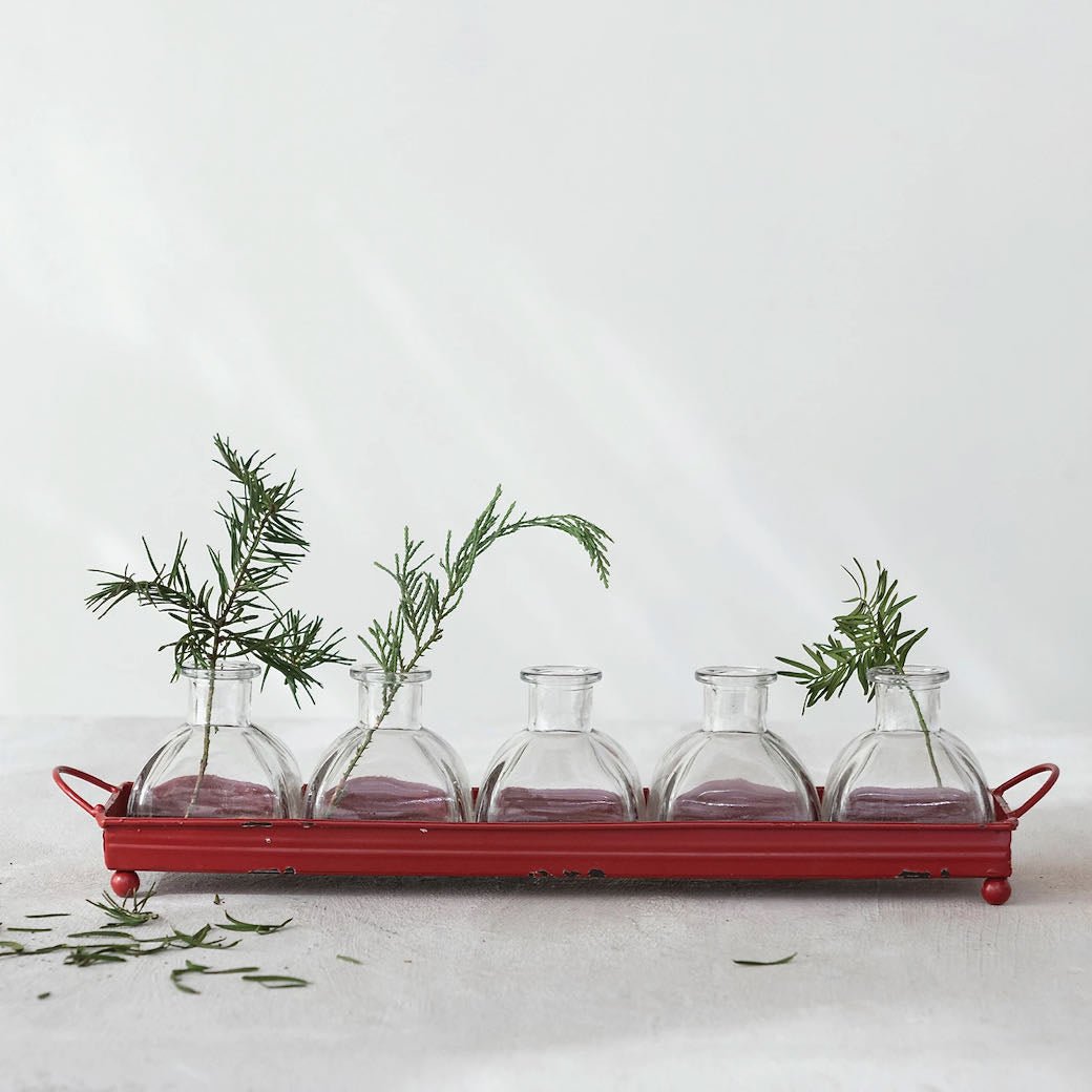 Red Metal Tray with Flower Bottle Vases - Marmalade Mercantile