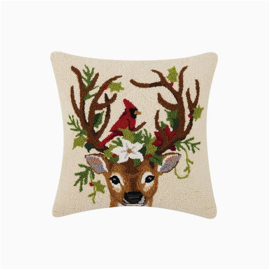 Reindeer and Cardinal Hooked Rug Christmas Pillow - Marmalade Mercantile