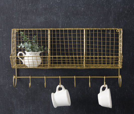 Rustic Gold Finish Wire Wall Basket with Hanging Hooks - Marmalade Mercantile