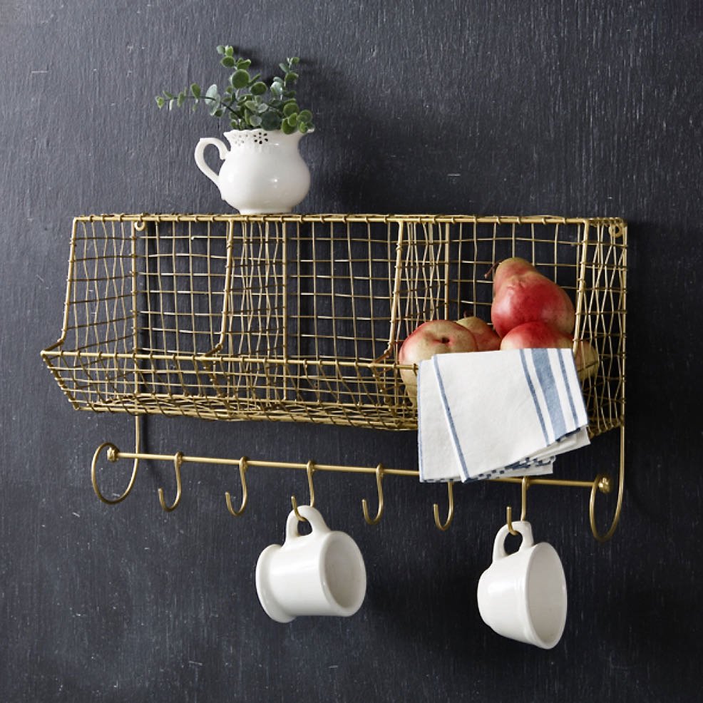 Rustic Gold Finish Wire Wall Basket with Hanging Hooks - Marmalade Mercantile