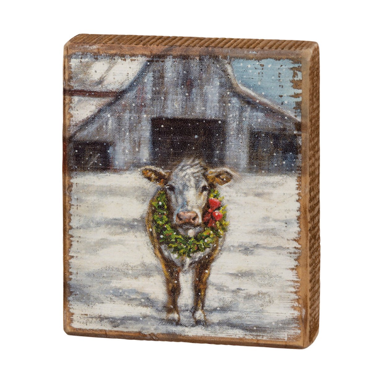 Rustic Wooden Block Sign Christmas Cow & Barn - Marmalade Mercantile