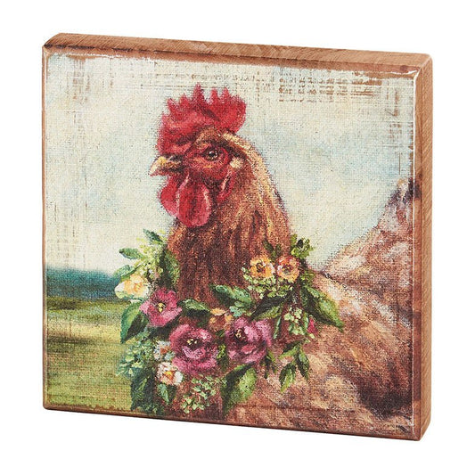 Rustic Wooden Block Sign Spring Rooster with Floral Wreath - Marmalade Mercantile