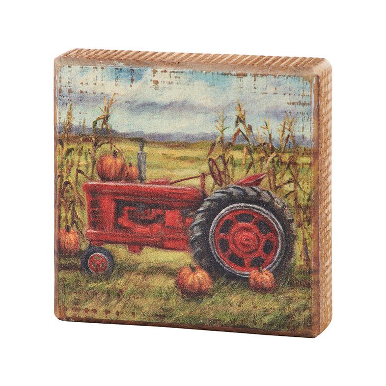 Rustic Wooden Block Sign Vintage Red Tractor in Corn Field with Pumpkins - Marmalade Mercantile