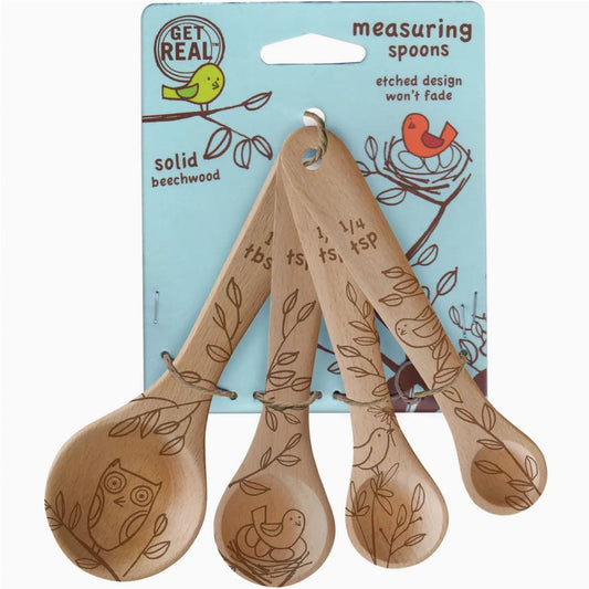 Set of Four Beechwood Measuring Spoons with Laser-Etched Bird Designs - Marmalade Mercantile