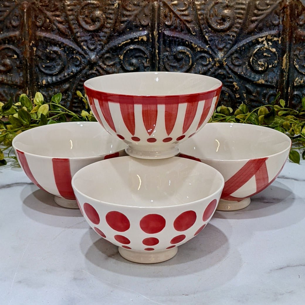 Set of Four Hand-Painted Latte Bowl Red & White (DOTS) - Marmalade Mercantile