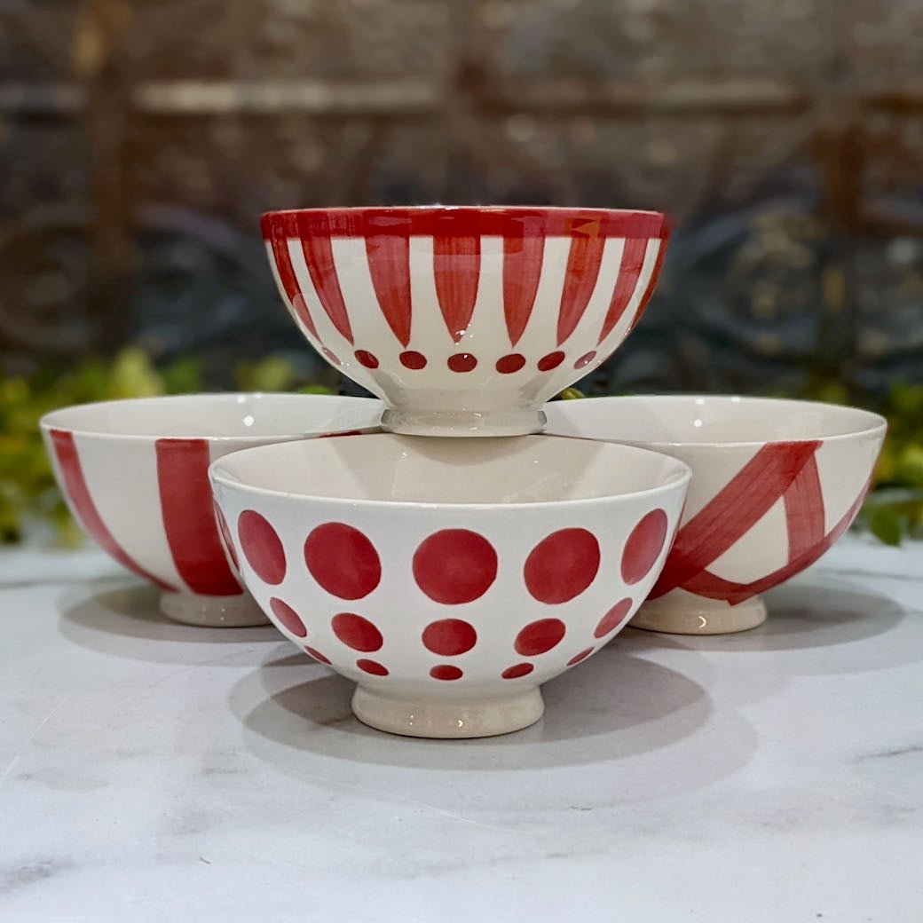 Set of Four Hand-Painted Latte Bowl Red & White (DOTS) - Marmalade Mercantile