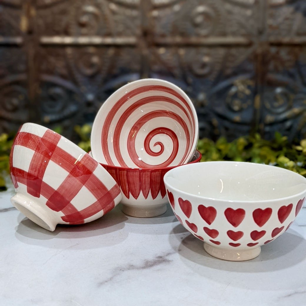 Set of Four Hand-Painted Latte Bowl Red & White (HEARTS) - Marmalade Mercantile