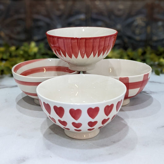 Set of Four Hand-Painted Latte Bowl Red & White (HEARTS) - Marmalade Mercantile